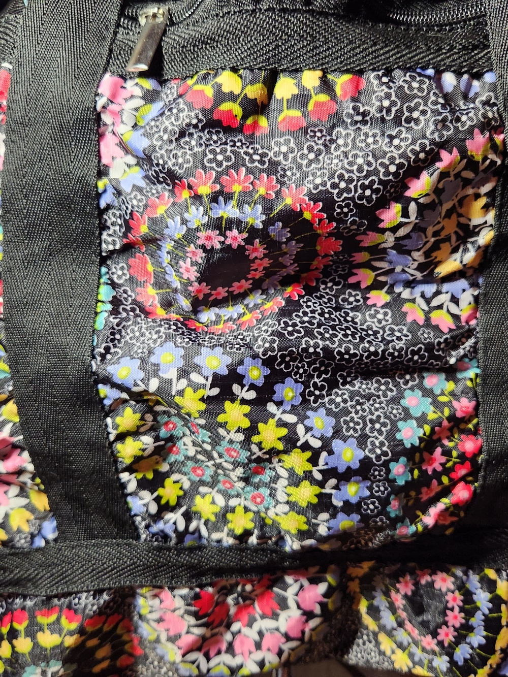Aphorism Black Nylon Multi Color Tote Floral Medallions Side Pockets Zippers - Picture 13 of 14